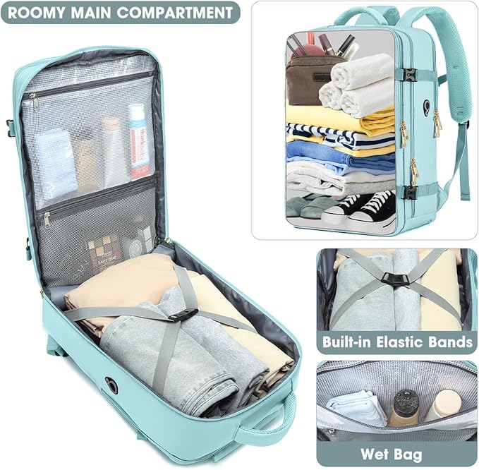 Large Carry On Travel Backpack - Flight Approved Waterproof Luggage Suitcase Backpacks Personal Item Size for Women Fit 17 Inch Laptop College Overnight Bag Anti-Theft Weekender Daypack Light Blue