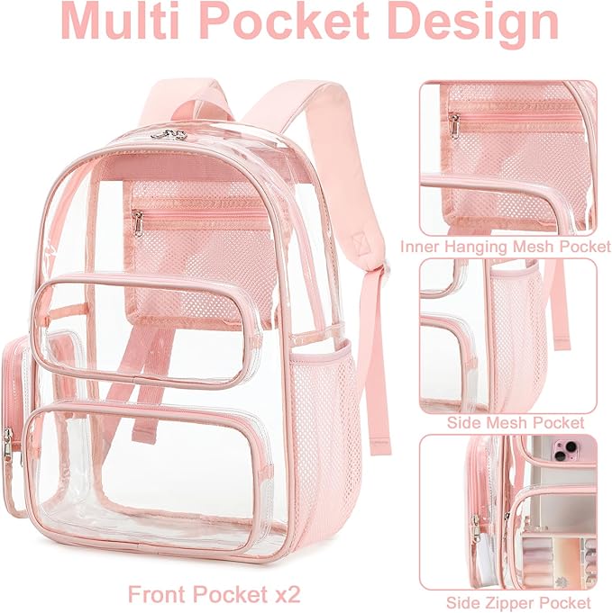BTOOP Clear Backpack Heavy Duty Transparent Backpack 17" See Through Bookbag for College Work Festival Security Padded Strap (Pink)