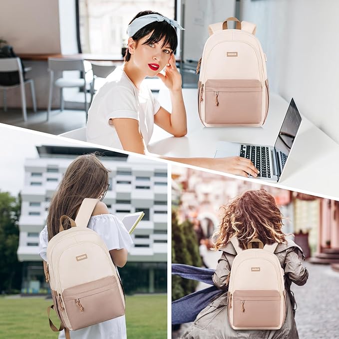 School Backpack for Teens Girls, Cute Student Bookbag Large 15.6 Inch Laptop Bag Aesthetic College Backpacks for Women High School Travel (Khaki Beige)