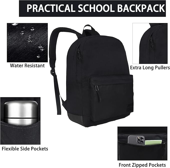 SUPACOOL Casual Laptop Backpack for Men and Women, Work backpack, Black Backpacks, College School Backpack for Boys and Girls, USB Charging Port, Lightweight Travel Back Pack(Black)