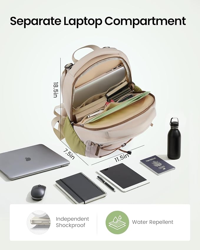 LOVEVOOK Travel Backpack for Women & Men With Giant Tumbler Holder,15.6 Inch Classic Laptop Work College Teacher Carry on Backpack Purse,Personal Item Backpack Hiking Computer Bag,Beige-Mustard Green