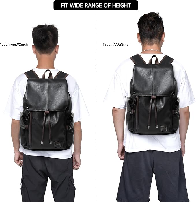 Laptop Travel Backpack For Men Vintage PU Leather Water-Resistant College School Casual 15.6" Laptop Work Backpack Gift For Male Female Black