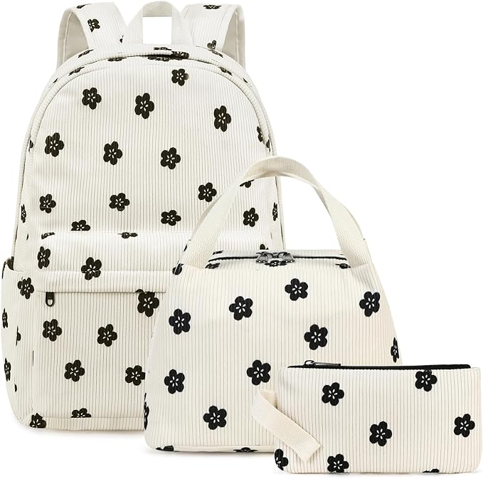School Backpack for Girls Laptop Backpack for Teen Women Preschool Kindergarten Elementary Kids Bookbags Travel Daypack with Lunch Bag and Pencil Case (Corduroy Floral)