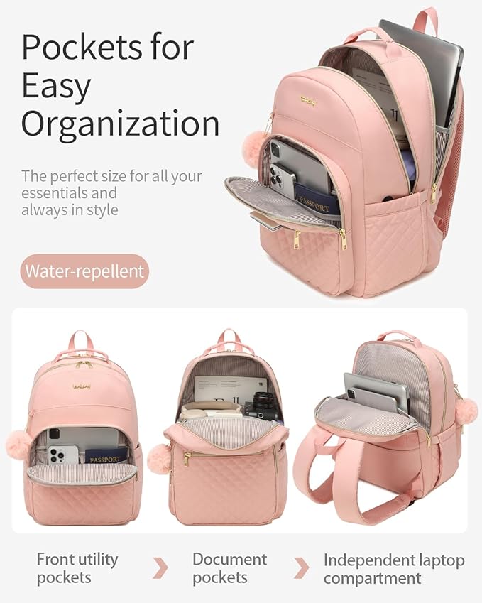 Girls Backpack, Cute Laptop Backpack with Charging Hole for Middle High College School, Water Resistant Daypack for Women Work Travel, Pink