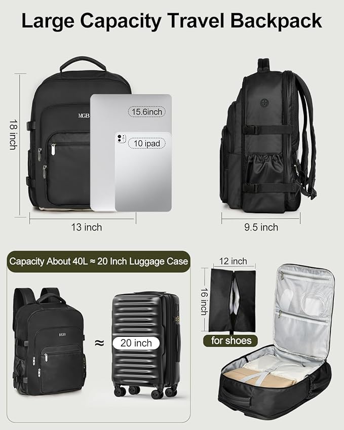 Travel Backpack for Women & Men, Large Carry On Personal Item Bag Airline Approved, Waterproof Traveling Overnight Bags, Gifts Laptop Backpack for Travelers College-Students Commuters (Black)