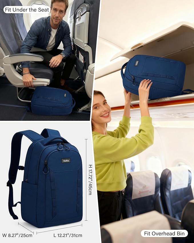 Travel Laptop Backpack Carry On, 18 Inch Large Work Backpack School Book Bags, Light Water Resistant Backpacks for Women Men with Luggage Strap Water Bottle Pocket Chest Strap, Navy Blue