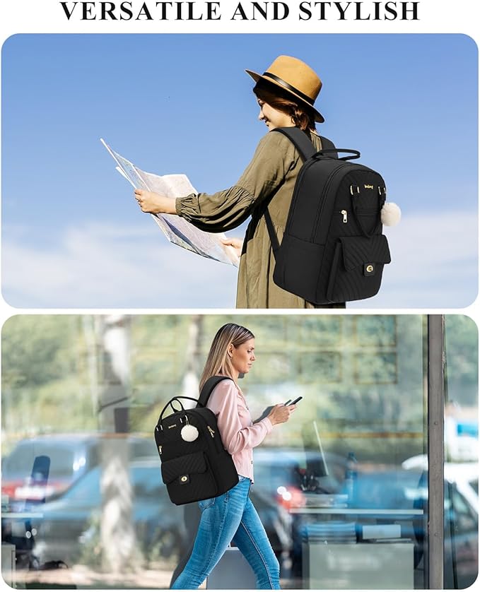 Women Laptop Backpack 17.3in for Work College, Cute School Bag Bookbag for Teen Girls Big Students Middle High School, Black