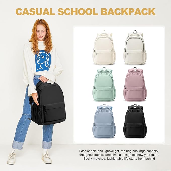 Lightweight School Backpack for Women Men, Black Laptop Travel Casual Daypack College Secondary School Bags Bookbag for Teenage Girls Boys