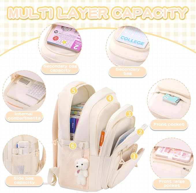 Cute Girls Backpack for School Kids Travel College backpack for Women Teen Beige Bookbags Aesthetic Laptop Bagpack