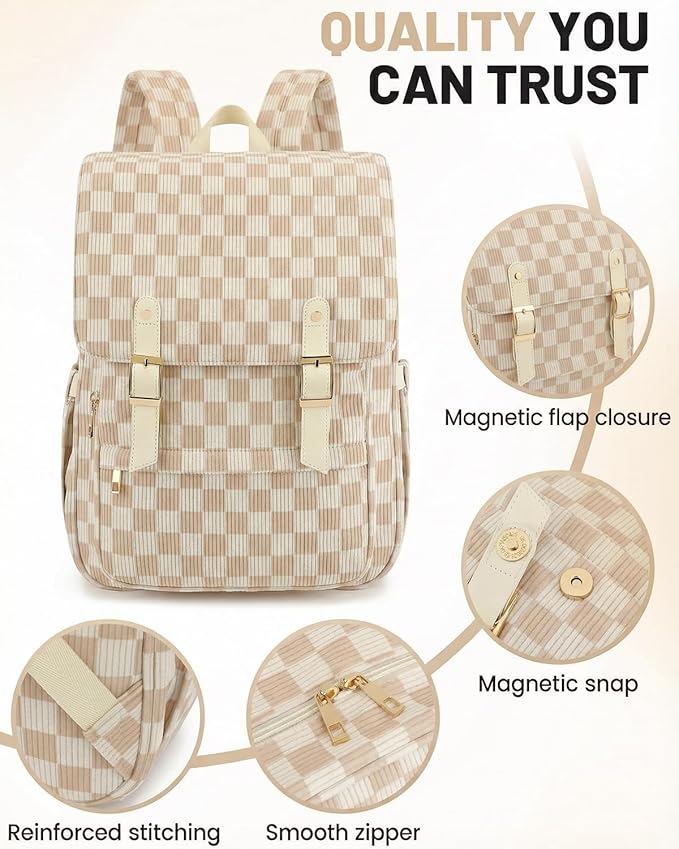 Corduroy Laptop Backpack for Women, Fits 15.6 Inch Computer Bag, College High School Bookbag Travel Daypack Purse, Work Business Bags - Corduroy Checkered Brown