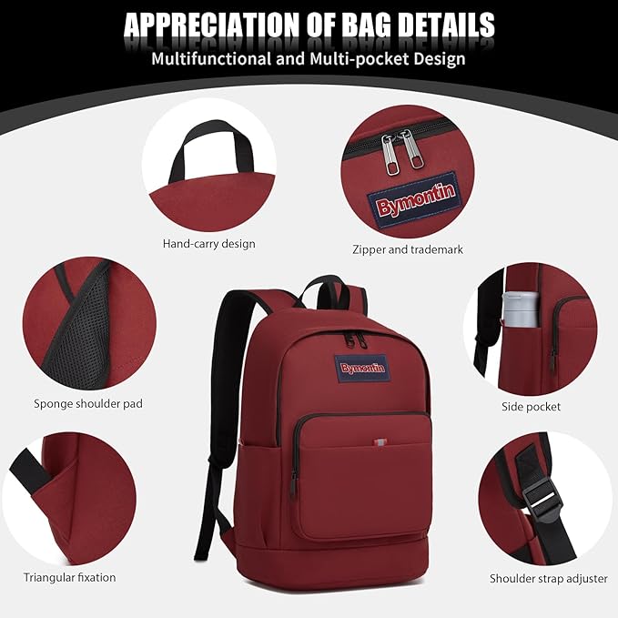 Classic Casual Backpack, Lightweight Daypack with 10 Pockets, Laptop Compartment, EVA Foam Pad (Wine red)