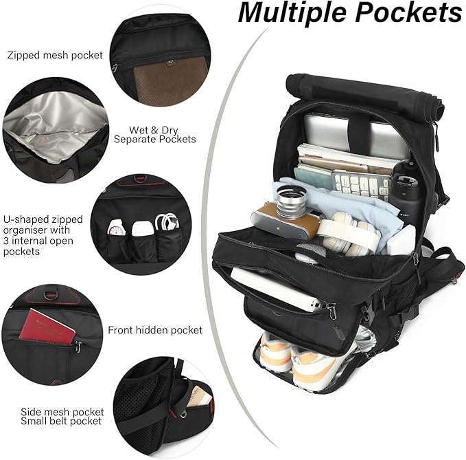 Travel Backpack for Men & Women, 60L Extra Large Backpack Durable Convertible Duffle Bag Fit for 18 Inch Laptop with Shoe Compartment, Wet Pocket