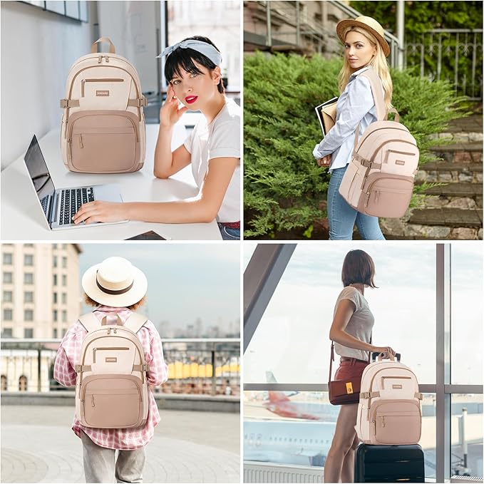 Backpack for School Girls, Cute High School Backpacks for Teens Women Student Large Bookbag 15.6 Inch Laptop Bag with USB Charger Port for College Work Travel Trip (Khaki Beige)