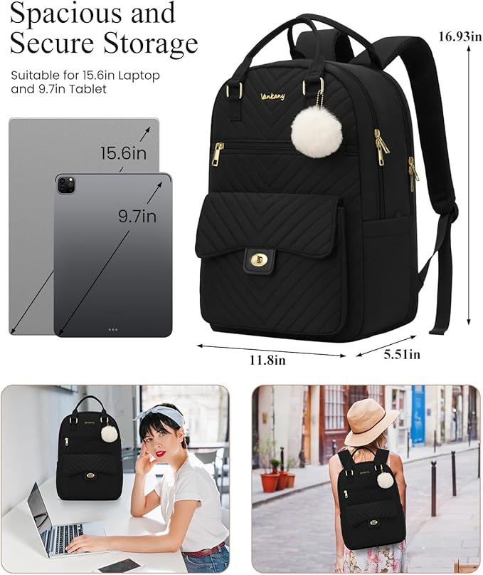 Women Laptop Backpack 17.3in for Work College, Cute School Bag Bookbag for Teen Girls Big Students Middle High School, Black