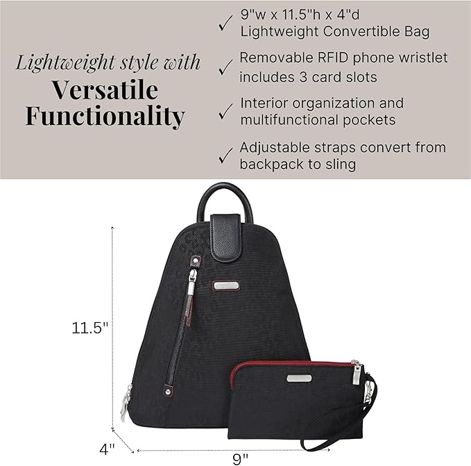 Baggallini Metro Backpack with RFID Phone Wristlet - 9x11 Convertible Sling Bag for Women with Adjustable Shoulder Straps