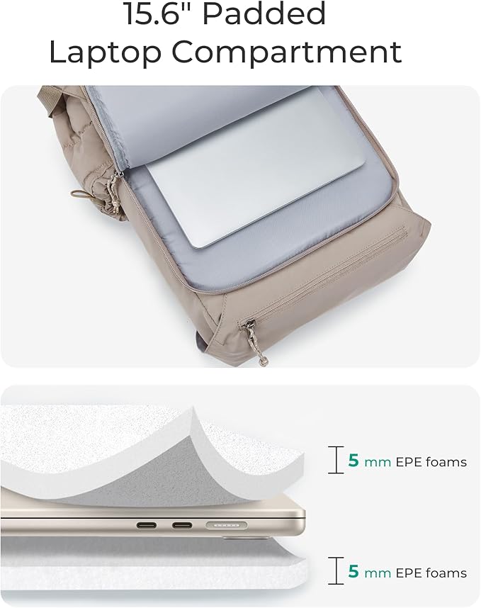 BAGSMART College Laptop Backpack, Large Opening Travel Backpack for Women, Outdoor Backpack for 15.6 Inch Laptop, Beige