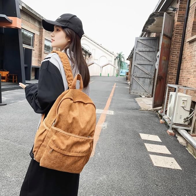Aesthetic Backpack Cute Backpack Corduroy Backpack School Supplies Laptop Bag for Teens Girls Women Students Solid Color(Brown)