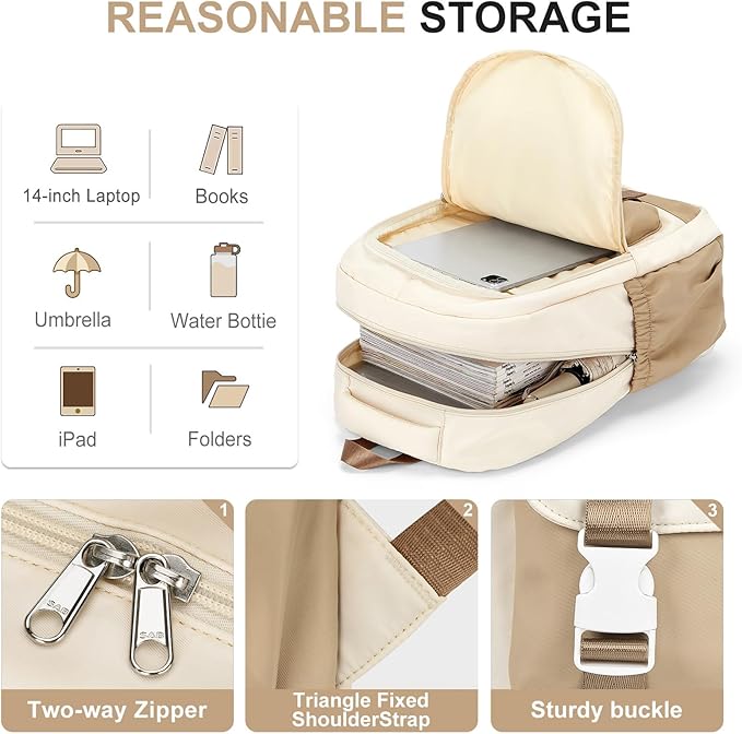 School Backpack For Women Men College Backpack With Lots Of Pockets Cute BookBag Casual Daypack Backpacks For Teens Girls Boys Waterproof(Beige)