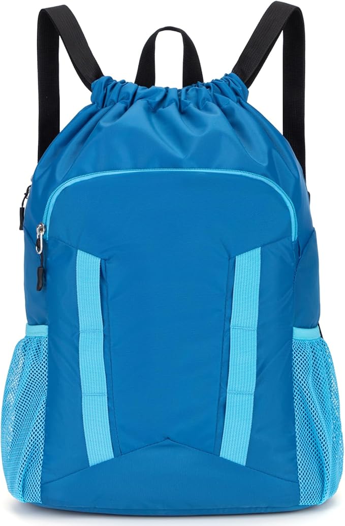 Drawstring Backpack for Kids Sports Gym Bag with Shoes Compartment, Water Resistant Beach Swim Bag String Backpack for Boys and Girls, Blue