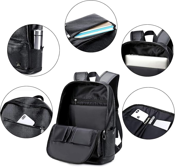 weiatas Black Leather Laptop Backpack for Men Women Work Travel, College School Backpack Casual Daypack fits 15.6 Inch