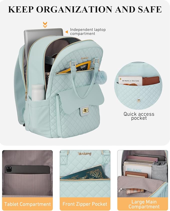 Girls Backpack, Aesthetic School Bag with Charging Hole for Kids Elementary Middle High School College Women Teens Bookbag, Green
