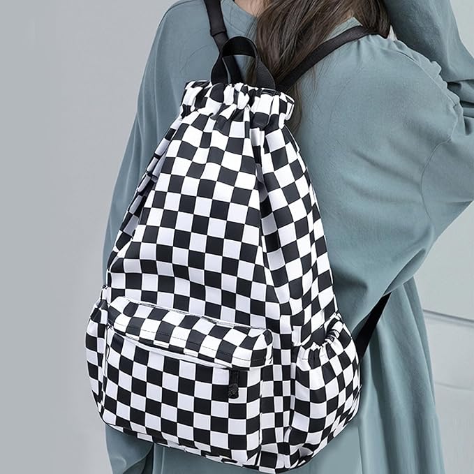 Drawstring Backpack for Women Drawstring Gym Bag Water Resistant Small Cinch Sack Pull String Backpack Bag (Checkered-Black)