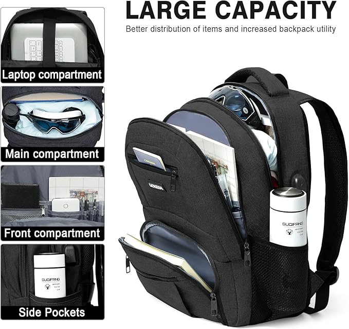 Backpack for Men Women, School Backpacks for Teen Boys Girls, Water Resistant Laptop Backpack with USB Charger, 15.6 Inch Black College Bookbag