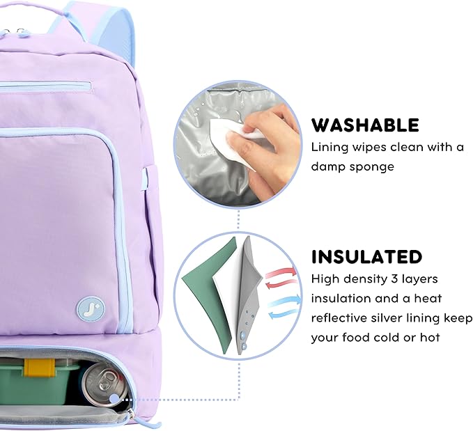 J World New York 2-in-1 Insulated Backpack Lunch Box for Kids. Adult School Bookbag, Purple