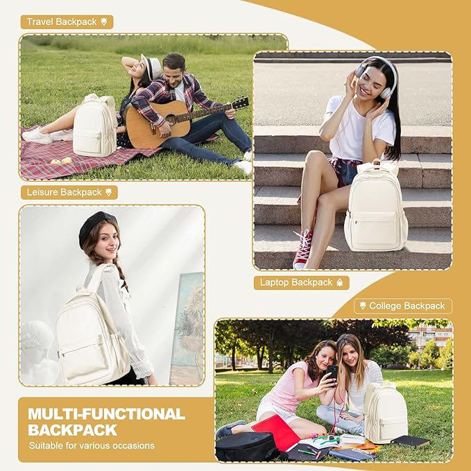 Lightweight School Backpack for Women Men, Laptop Travel Casual Daypack College Secondary School Bags Bookbag for Teenage Girls Boys, Beige