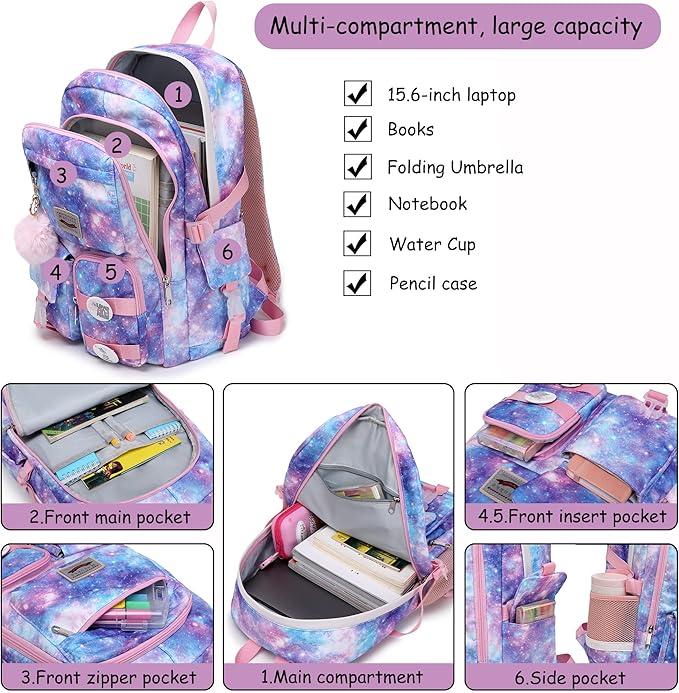 Makukke Backpack for Girls Women, 15.6 Inch Laptop School Bag Elementary College Bookbag Anti Theft Daypack for Women Students (Pink)