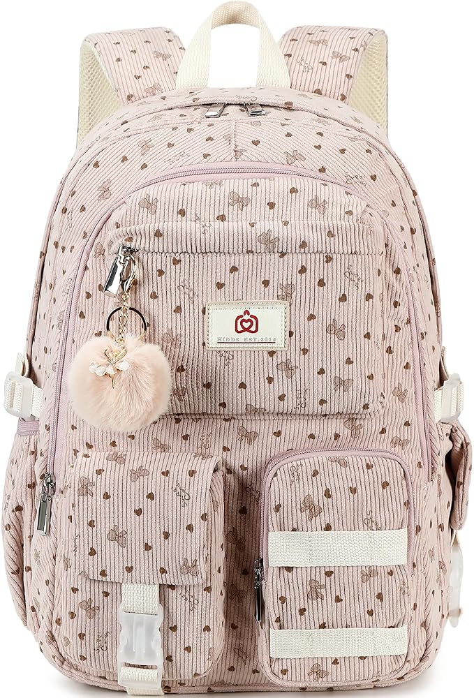 Hidds School Backpack for Teens Girls Women 15.6 Inch Laptop College Backpacks Corduroy Work Bag Kids Elementary Middle High Bookbag Students Back Pack Anti Theft Travel Daypack Womens - Pink Bowknot
