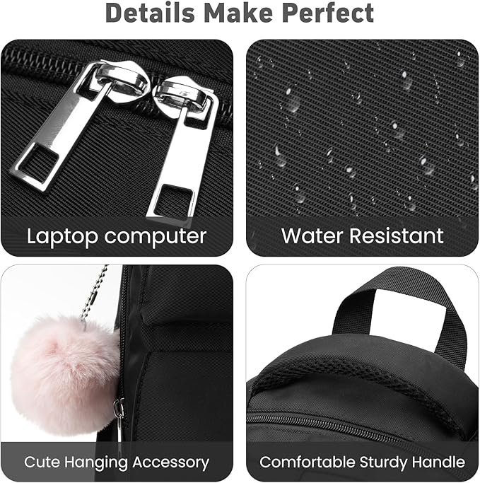 School Backpack for Girls Teens, Cute Aesthetic College Backpacks Large 15.6 Inch Laptop Bag Preppy Bookbag for Women Students Travel (Black)