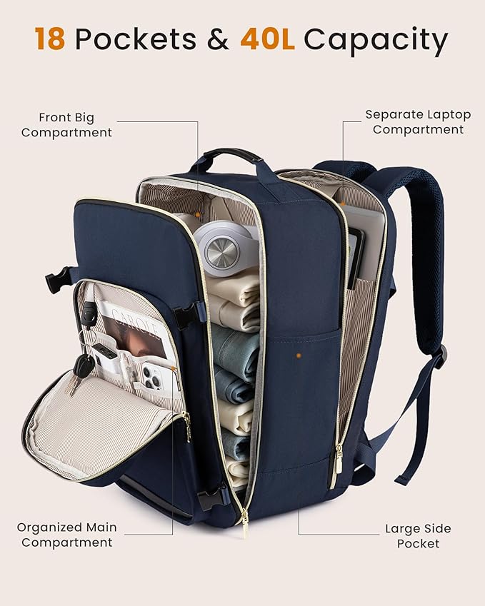 LOVEVOOK 40L Large Travel Backpack for Women Men, 17 Inch Carry on Backpack for Traveling on Airplane, Personal Item Travel Bag Airline Approved, Business Causal Weekender Backpack, Blue-Black