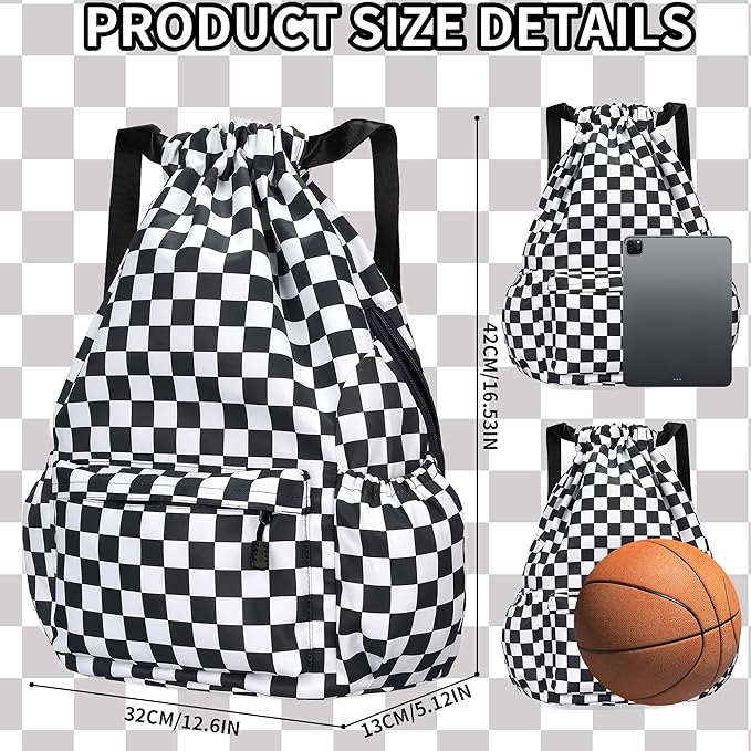 Drawstring Backpack for Women Drawstring Gym Bag Water Resistant Small Cinch Sack Pull String Backpack Bag (Checkered-Black)