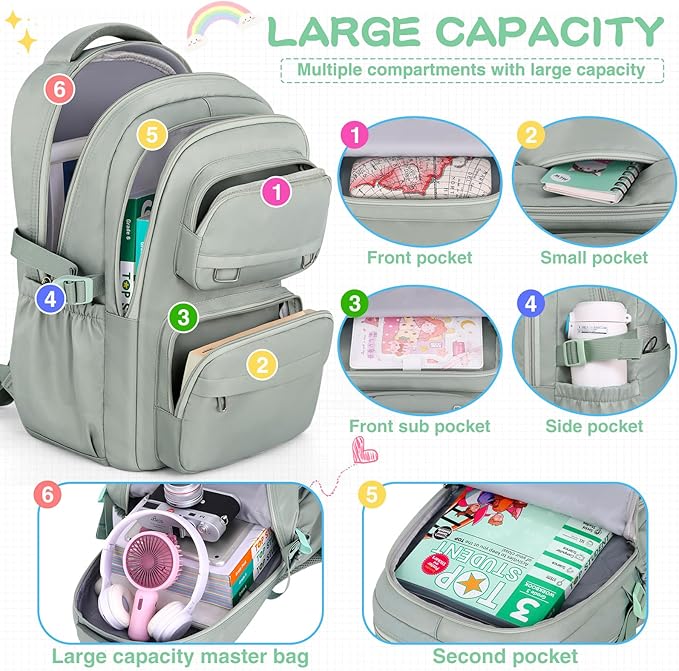 School Backpack for Kids Girls Cute Travel Backapck for College Women Men Casual Laptop Bookbag for Teen Student(Green)