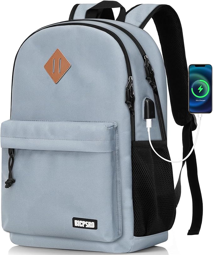 Backpack for Women Men, Casual School Backpack for Girls Boys Teens, 17.3 Inch Laptop Bookbag with USB Charger for College High School back pack lightweight mochilas para hombres, Grey
