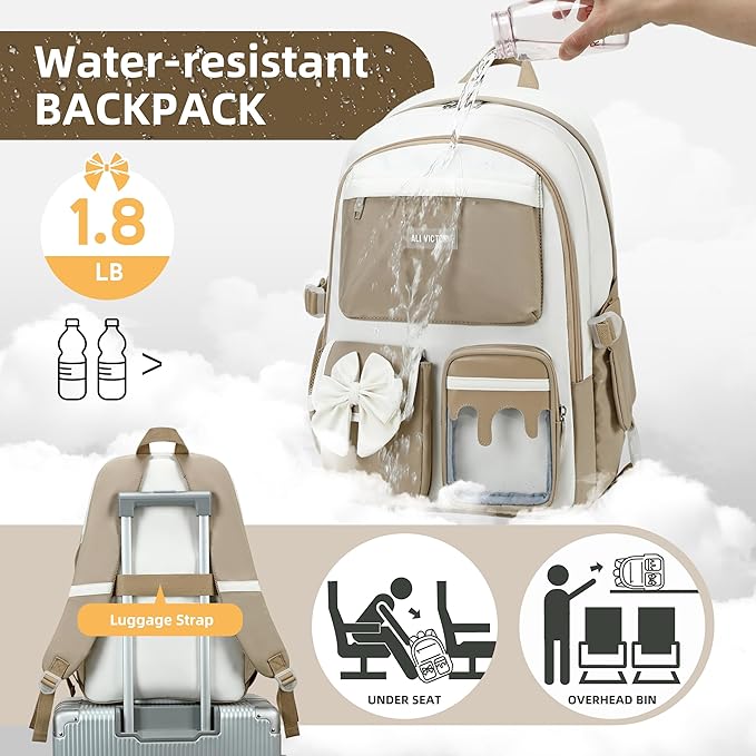 Laptop Backpack 16 Inch Kids Elementary Middle High School Bag College Backpacks Women Work Business Back Pack Travel Rucksack Large Bowknot Bookbag for Teens Girls Womens Students (Brown)