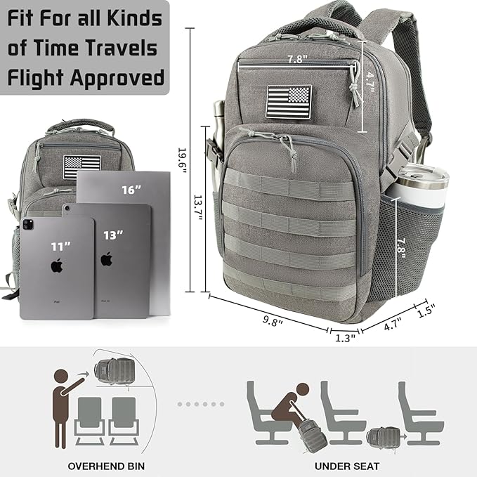 15.6'' Travel Laptop Backpack for Men, 30L Tactical College Backpacks with Water Pouches Both Sides, Portable Backpack for Men Women Business Work Bag Fight Approved - Grey Backpack