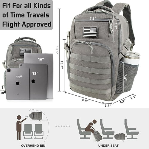15.6'' Travel Laptop Backpack for Men, 30L Tactical College Backpacks with Water Pouches Both Sides, Portable Backpack for Men Women Business Work Bag Fight Approved - Grey Backpack