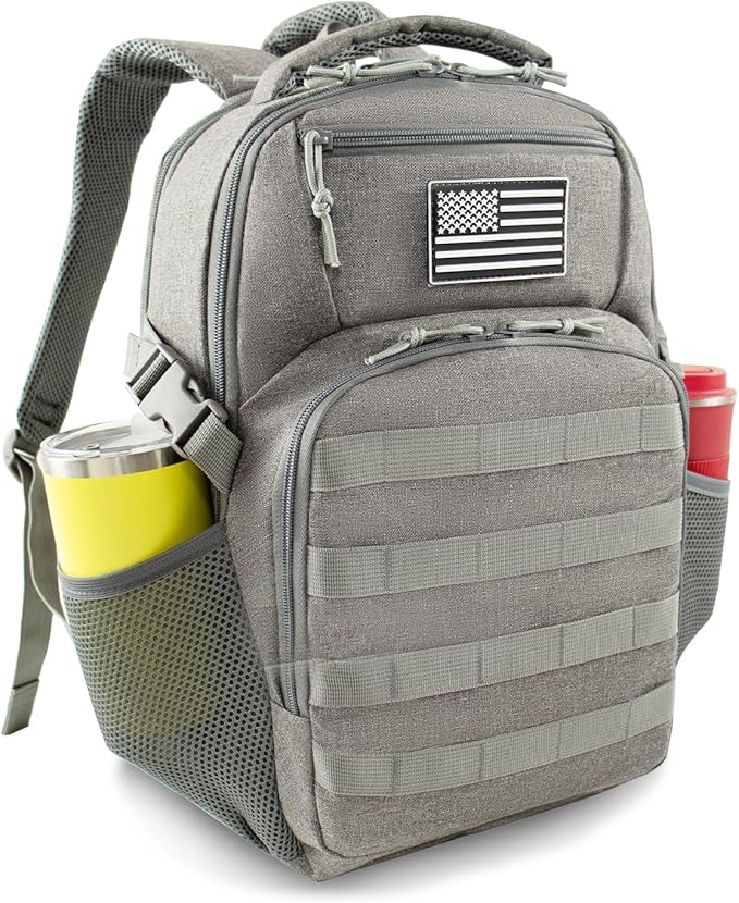 15'' Travel Laptop Backpack for Men, 25L Tactical College Backpacks with Water Pouches Both Sides, Portable Backpack for Men Women Business Work Bag Fight Approved - Grey Backpack