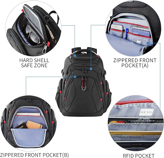 KROSER Travel Laptop Backpack 17.3 Inch XL Computer Backpack with Hard Shell Saferoom RFID Pockets Water-Repellent Business College Daypack Stylish Bag for Men/Women-Black
