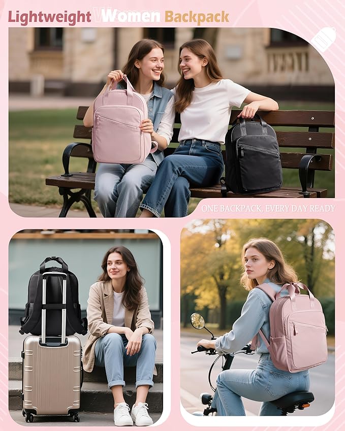 Women Backpack with 15.6” Laptop Sleeve for Travel, Work and College, Lightweight Water-resistant Backpack for Women with 8 Pockets, Black
