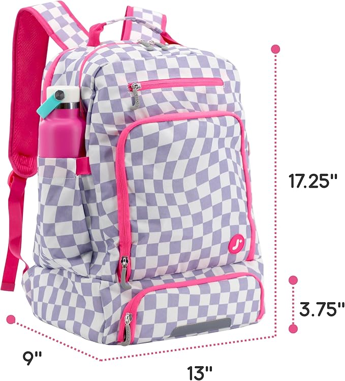 J World New York 2-in-1 Insulated Backpack Lunch Box for Kids. Adult School Bookbag, Lavender Checkers