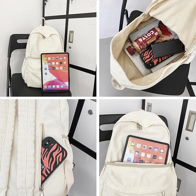 Aesthetic Backpack Cute Backpack Corduroy Backpack School Supplies Laptop Bag for Teens Girls Women Students Solid Color(Brown)