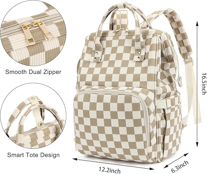 Laptop Backpack for Women, Corduroy College School Backpack Bookbag 15.6 inch Business Computer Travel Backpack (Checkered Brown)