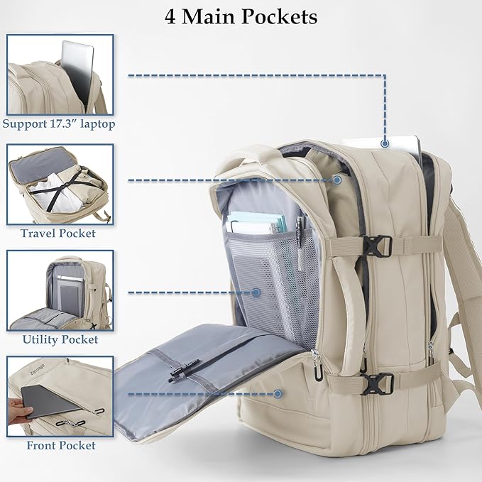 Travel Backpack, Expandable Large Capacity Business Work, Water Repellent Carry On Daypack with USB Charging Port, Fit 17 Inch Laptop, Bag for Men and Women, Beige