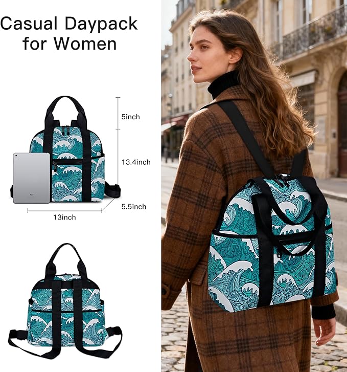Women’s Backpack Purse Medium Size with Trolley Sleeve, Adjustable Strap/Top Handle, Water Resistant Travel Daypack, Tide Blue