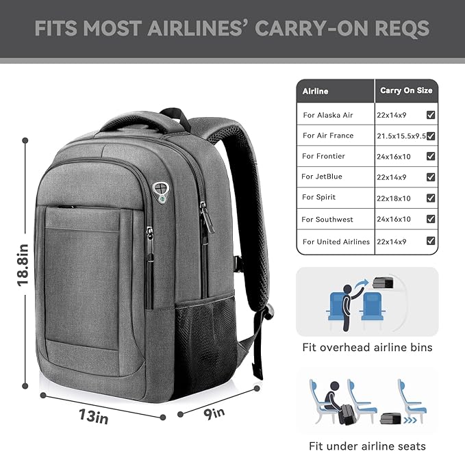 Travel Backpack, 17 Inch Laptop Backpack Airline Approved, Business Anti Theft Slim Sturdy Work Computer College High School Backpack Bag Fits 17.3 Inch Notebook for Men Women, Grey