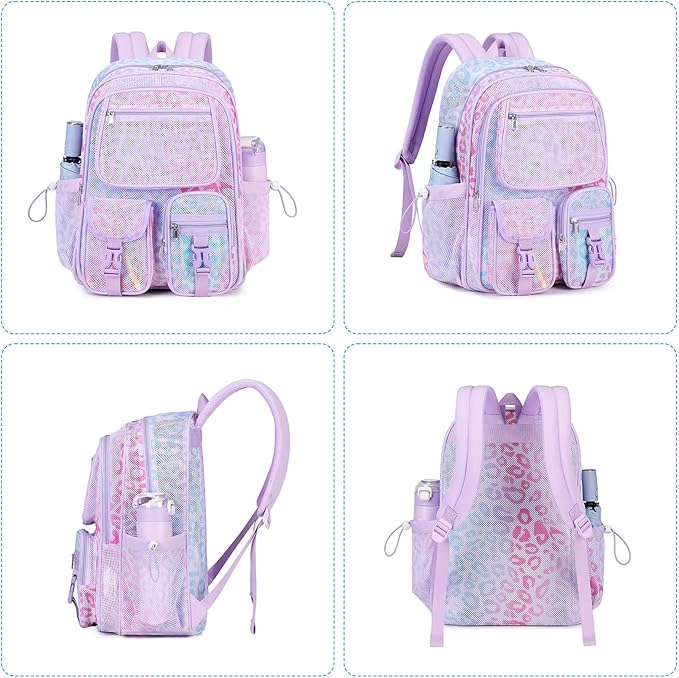 MOONBABY Mesh Backpack Heavy Duty See Through Net Bookbag Semi-Transparent Net Back Pack for Beach, Swimming, Sports, Work, Travel (Purple Leopard)