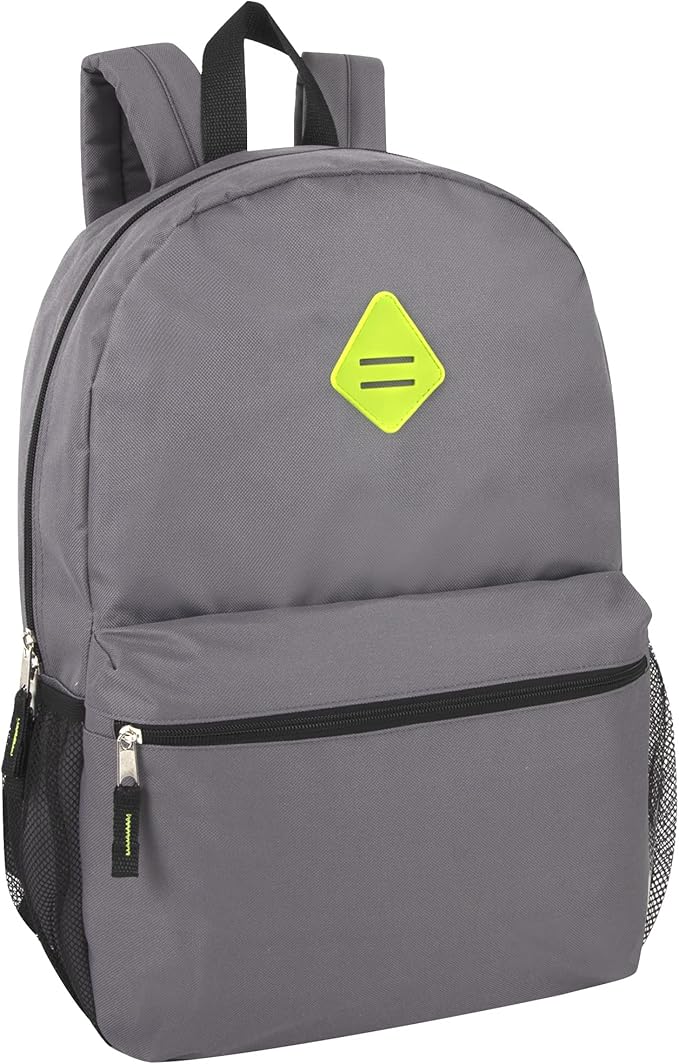 Large School Backpacks with Mesh Side Pockets – Classic 19 Inch Solid Color Backpacks for Kids, Men, Women, Travel (Grey & Green)